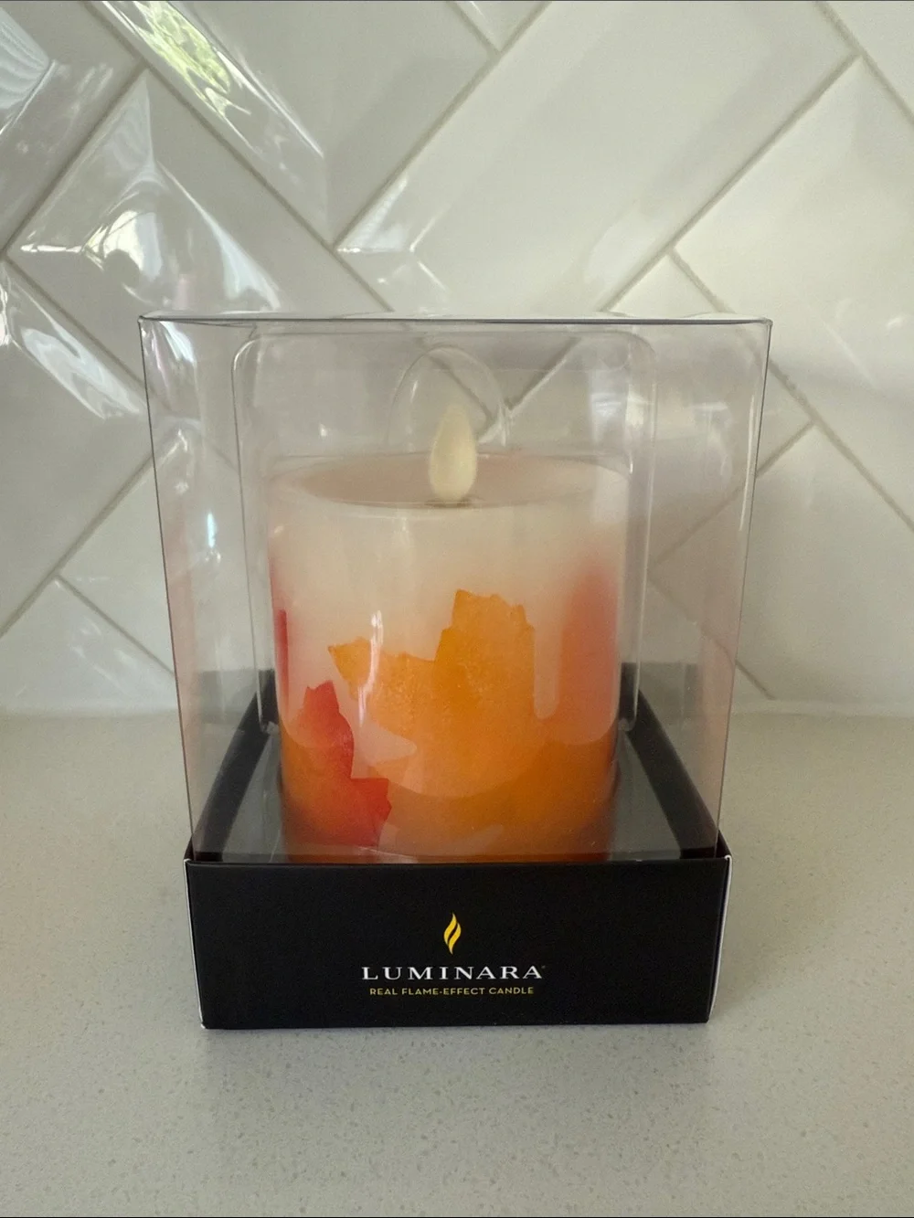 Luminara Fall Leaf Print Flameless Candle 3.25x4.5 NIB